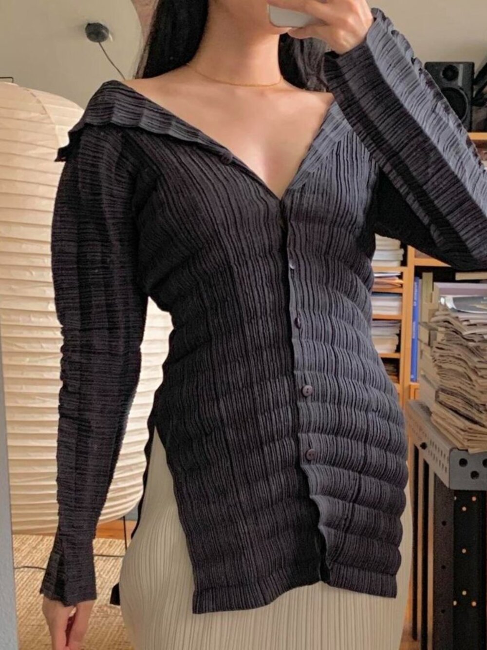 Issey Miyake Pleated Button Up Dark Grey M
